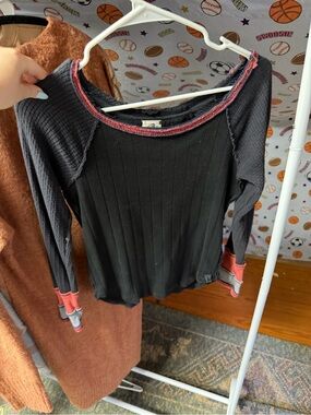 We The Free Black Ribbed Top with Pink Contrast Trim